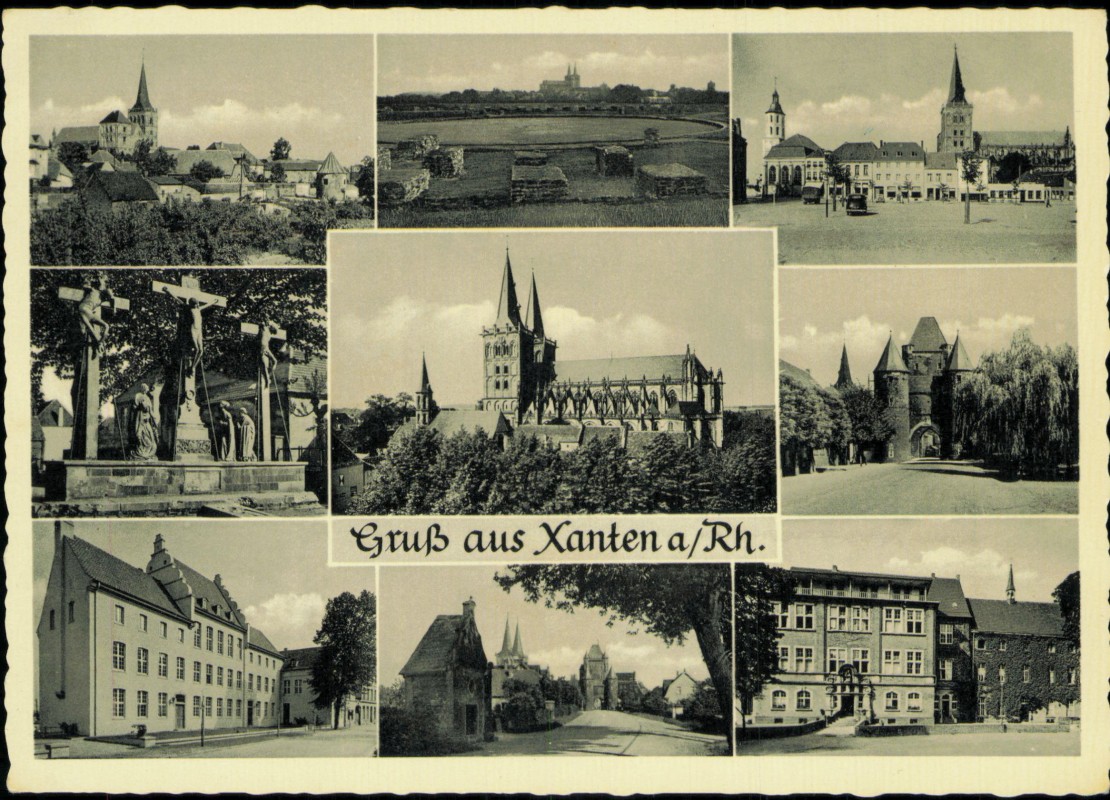 vergrößern: Bildseite historische Ansichtskarte von 1957: StadtteilansichtenGebäude Stadttor Jesuskreuz:: Xanten