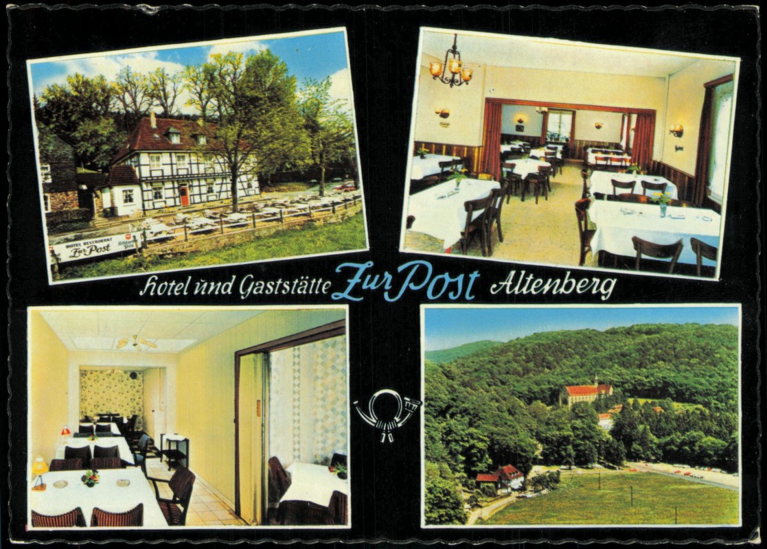 vergrößern: Bildseite historische Ansichtskarte von 1968: 4 Bild Hotel und Gaststätte zur Post:: Altenberg (Bergisches Land)
