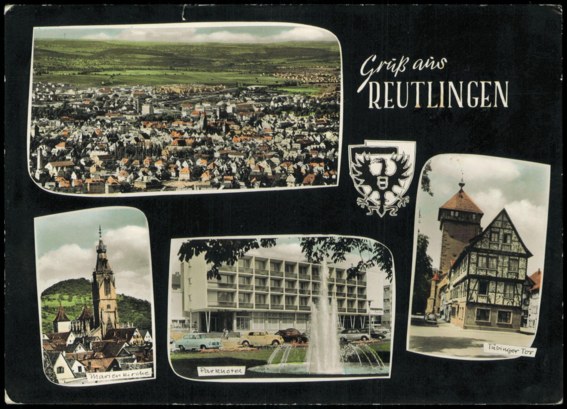 vergrößern: Bildseite historische Ansichtskarte von 1971: MB Stadt, Parkhotel, Marienkirche:: Reutlingen