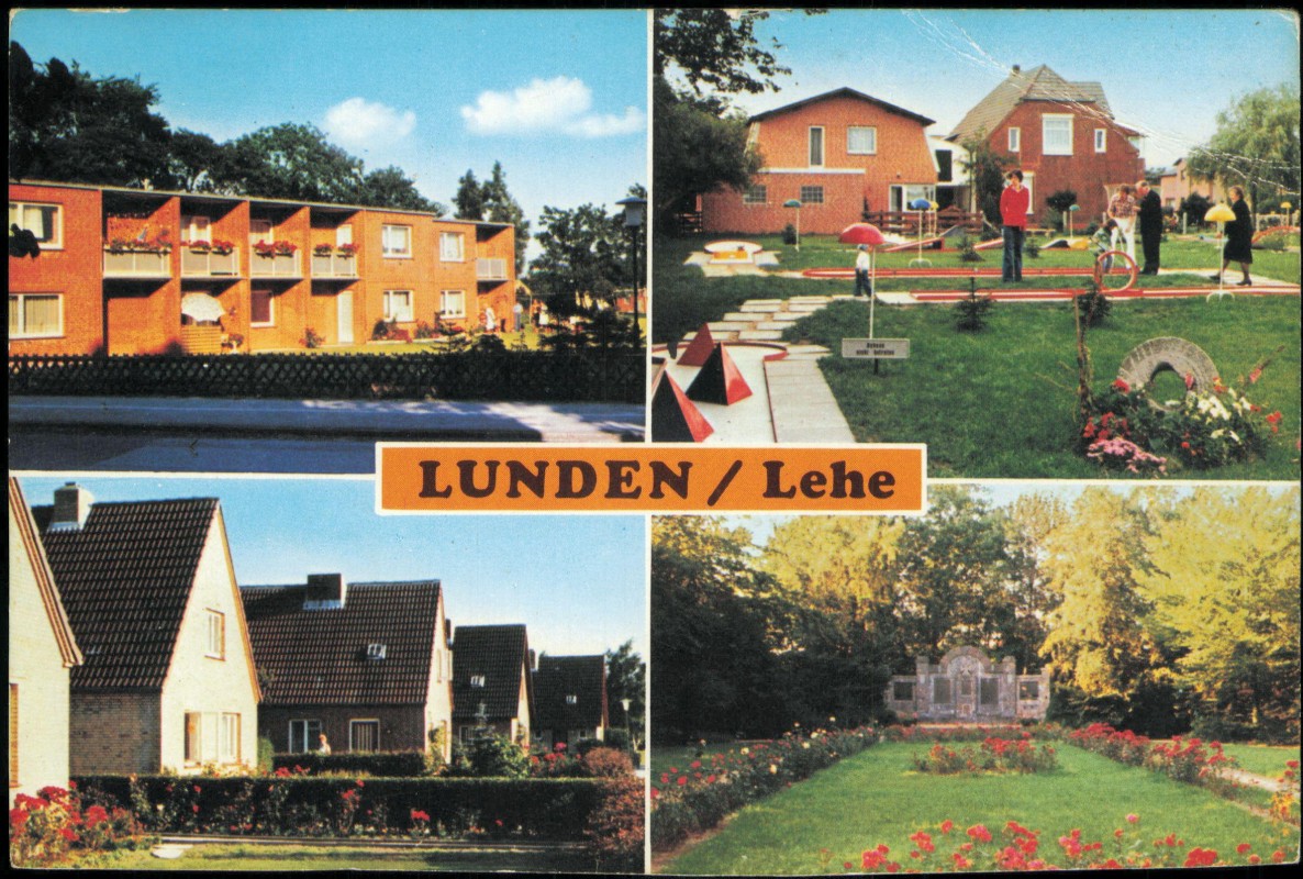 vergrößern: Bildseite historische Ansichtskarte von 1974: 4 Bild Häuser Ehrenmal:: Lunden Holstein