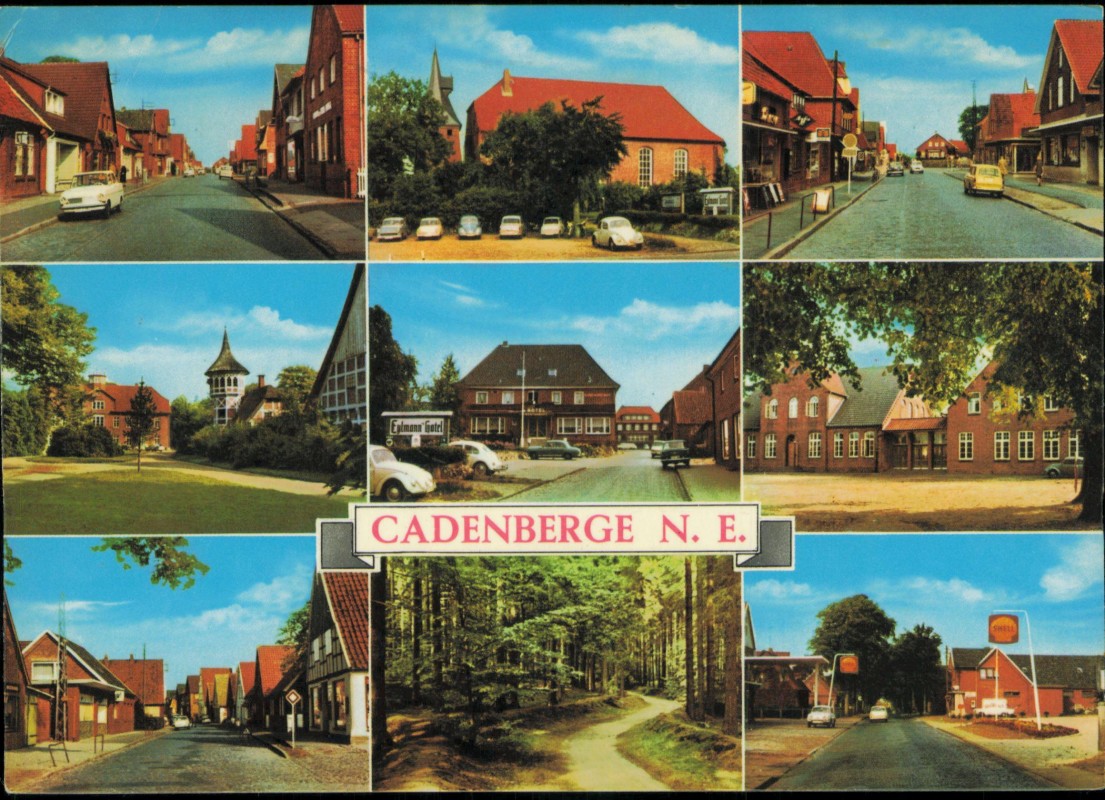 vergrößern: Bildseite historische Ansichtskarte von 1968: MB: Straßen Shell-Tankstelle VW Käfer:: Cadenberge