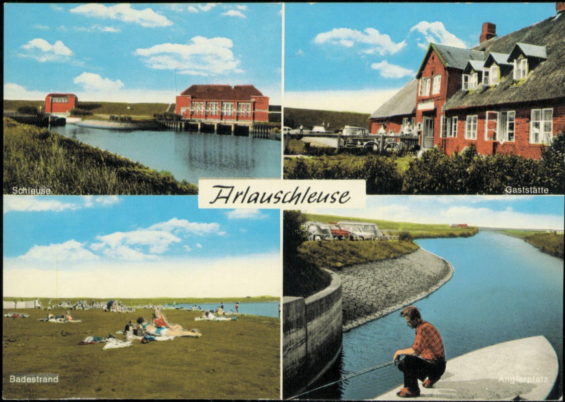 vergrößern: Bildseite historische Ansichtskarte von 1977: Badestrand Gaststätte Arlauschleuse:: Husum