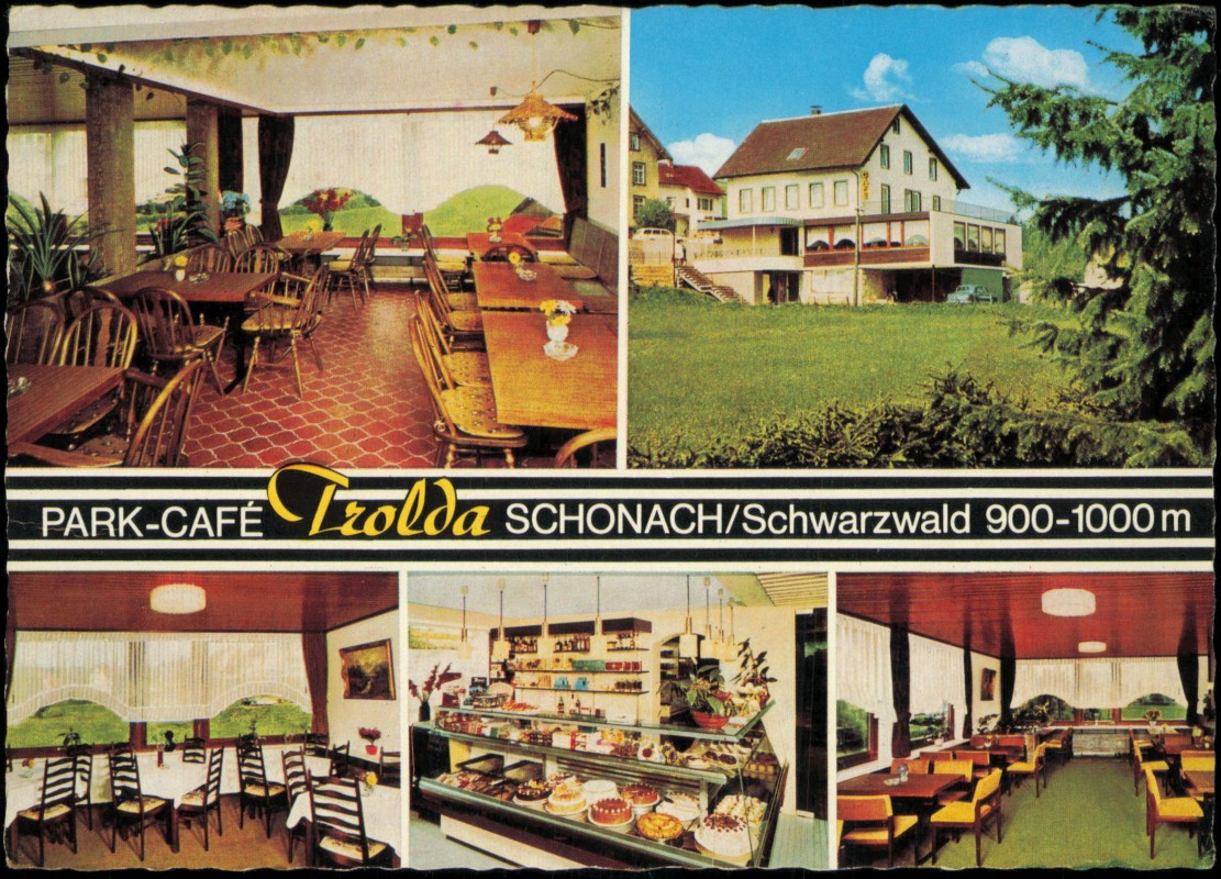 vergrößern: Bildseite historische Ansichtskarte von 1969: 4 Bild PARK-CAFE Trolda:: Schonach (Schwarzwald)