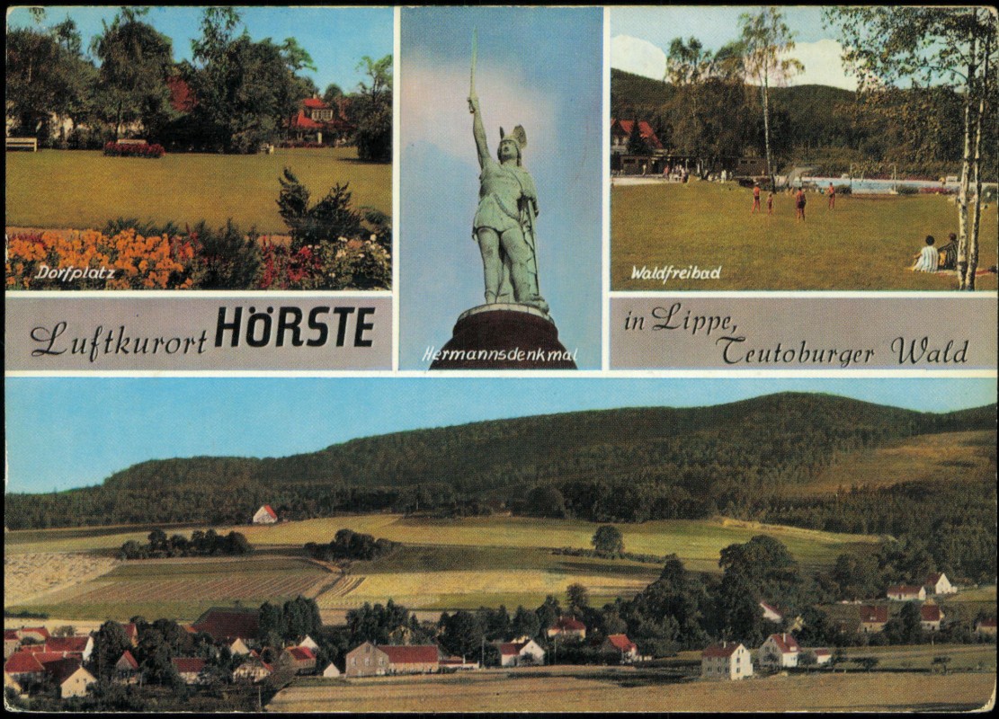 vergrößern: Bildseite historische Ansichtskarte von 1967: Stadtteilansichten Dorfplatz Freibad:: Hörste-Lage (Lippe)