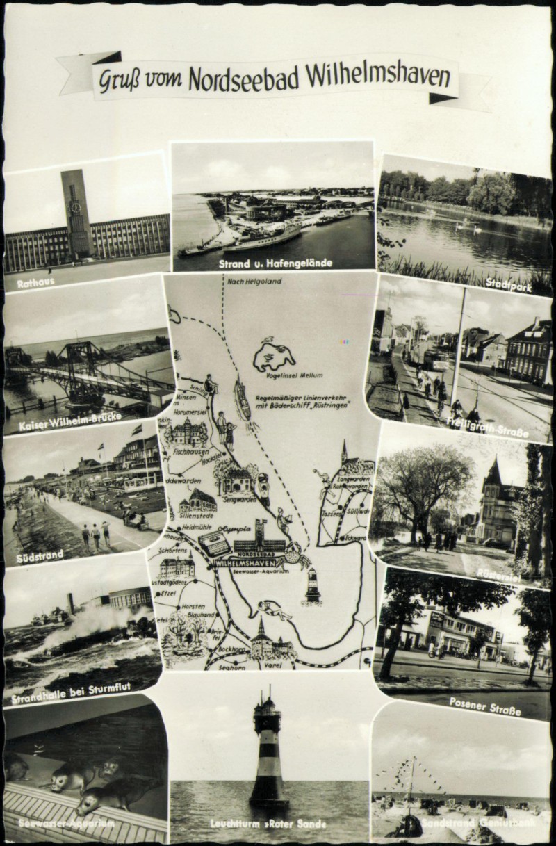 vergrößern: Bildseite historische Ansichtskarte von 1965: MB: Stadtpark Luftbild Rathaus - Landkarte:: Wilhelmshaven