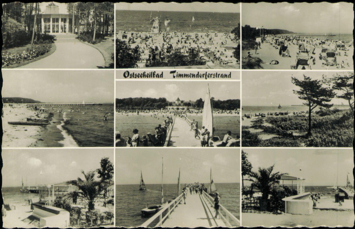 vergrößern: Bildseite historische Ansichtskarte von 1961: Mehrbild Strandansichten Steg Bar:: Timmendorfer Strand