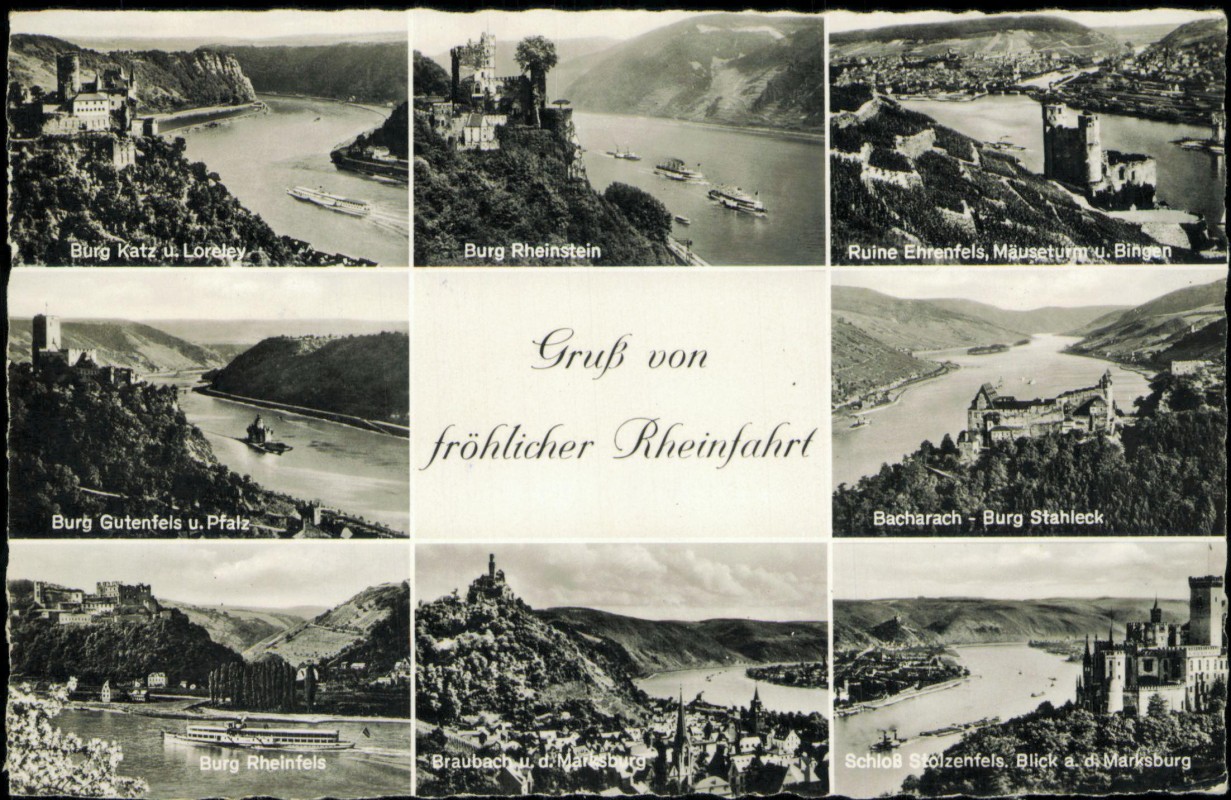 vergrößern: Bildseite historische Ansichtskarte von 1954: MB Rheinfahrt Burgen Gutenfels Stahleck uvm::