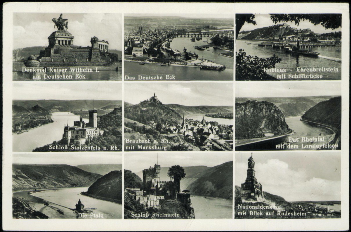 vergrößern: Bildseite historische Ansichtskarte von 1970: MB Rhein Fluss Das Deutsche Eck Braubach Koblenz::