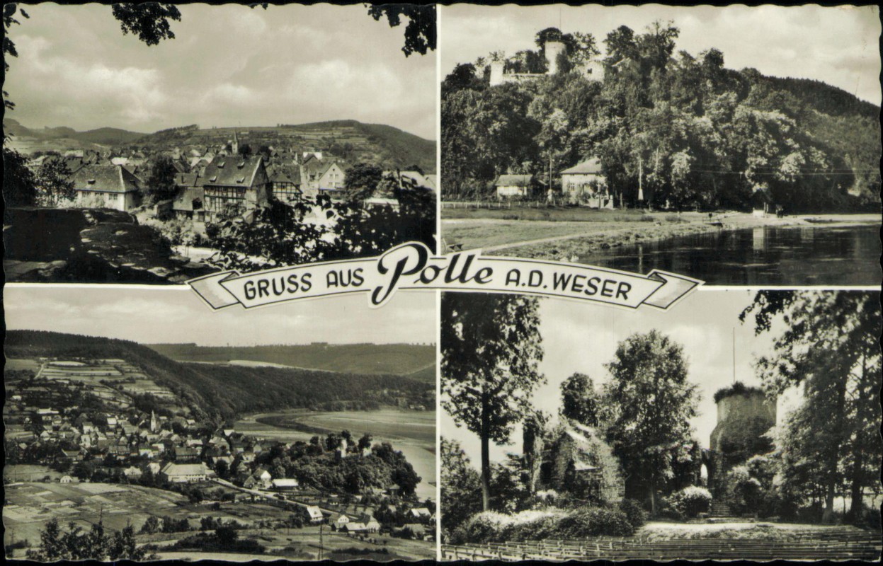 vergrößern: Bildseite historische Ansichtskarte von 1962: 4 Bild Hotel, Restaurant und Pensionshaus:: Bodenwerder-Polle