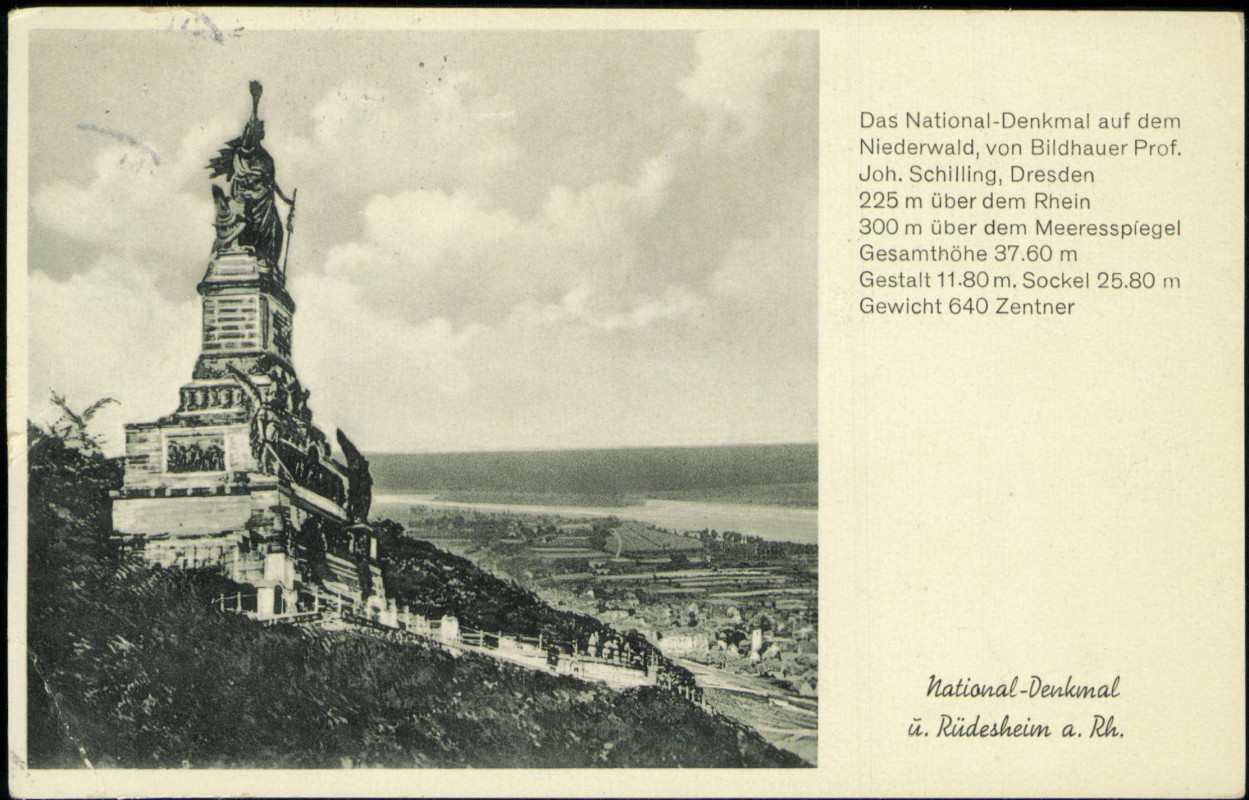 vergrößern: Bildseite historische Ansichtskarte von 1954: Niederwalddenkmal Beschreibung:: Rüdesheim (Rhein)