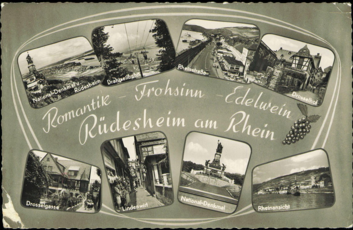 vergrößern: Bildseite historische Ansichtskarte von 1959: Drosselhof Drahtseilbahn Rheinstraße MB:: Rüdesheim (Rhein)