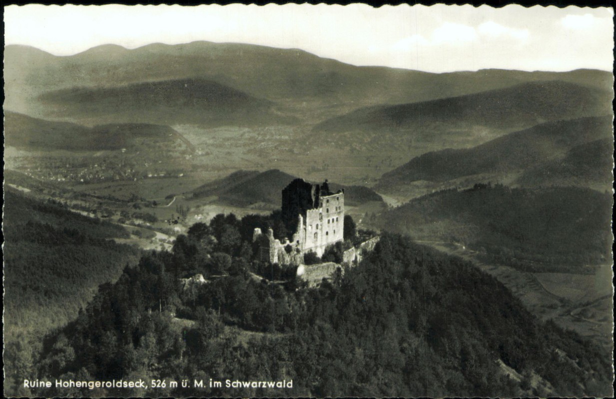 vergrößern: Bildseite historische Ansichtskarte von 1963: Luftbild Burg Hohengeroldseck:: Lahr (Schwarzwald)