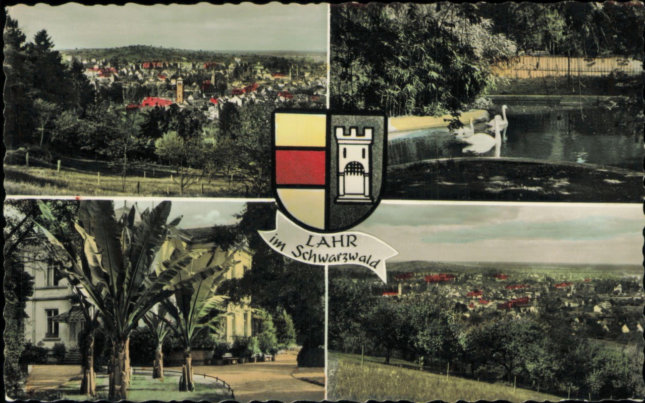 vergrößern: Bildseite historische Ansichtskarte von 1961: Stadtteilansichten 4 Bild Colorfotokarte:: Lahr (Schwarzwald)