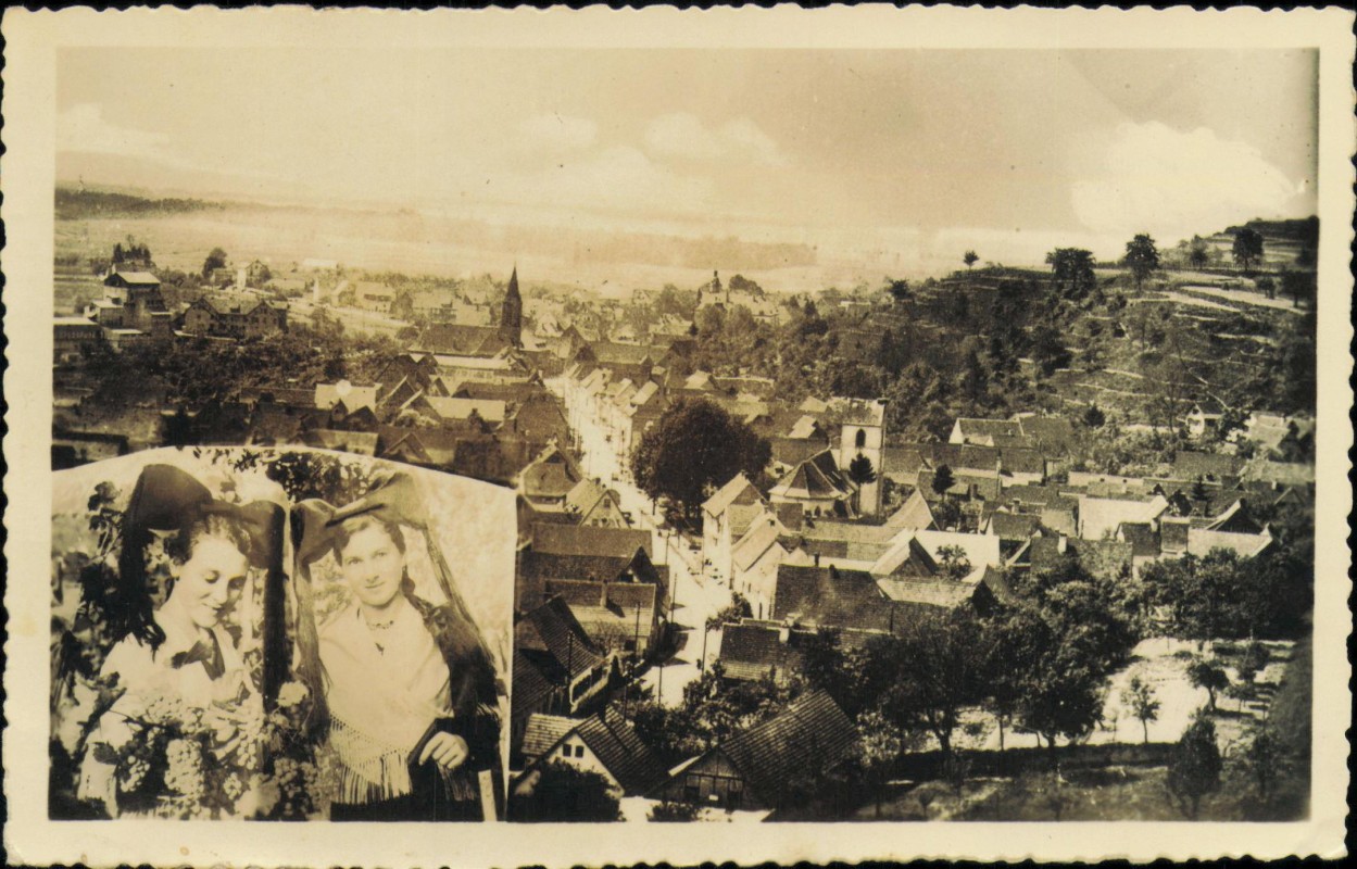 vergrößern: Bildseite historische Ansichtskarte von 1954: Fotomontage Stadtpartie Frauen in Tracht:: Bötzingen