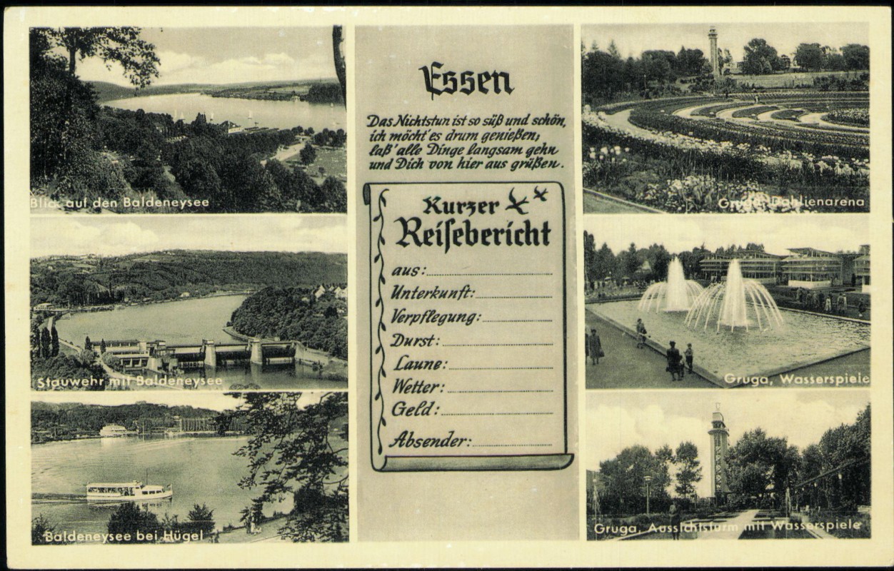 vergrößern: Bildseite historische Ansichtskarte von 1957: Baldeneysee Gruga Mehrbildkarte:: Essen (Ruhr)