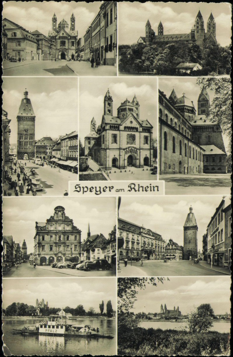 vergrößern: Bildseite historische Ansichtskarte von 1965: Stadtteilansichten Dom Markt Fähre:: Speyer