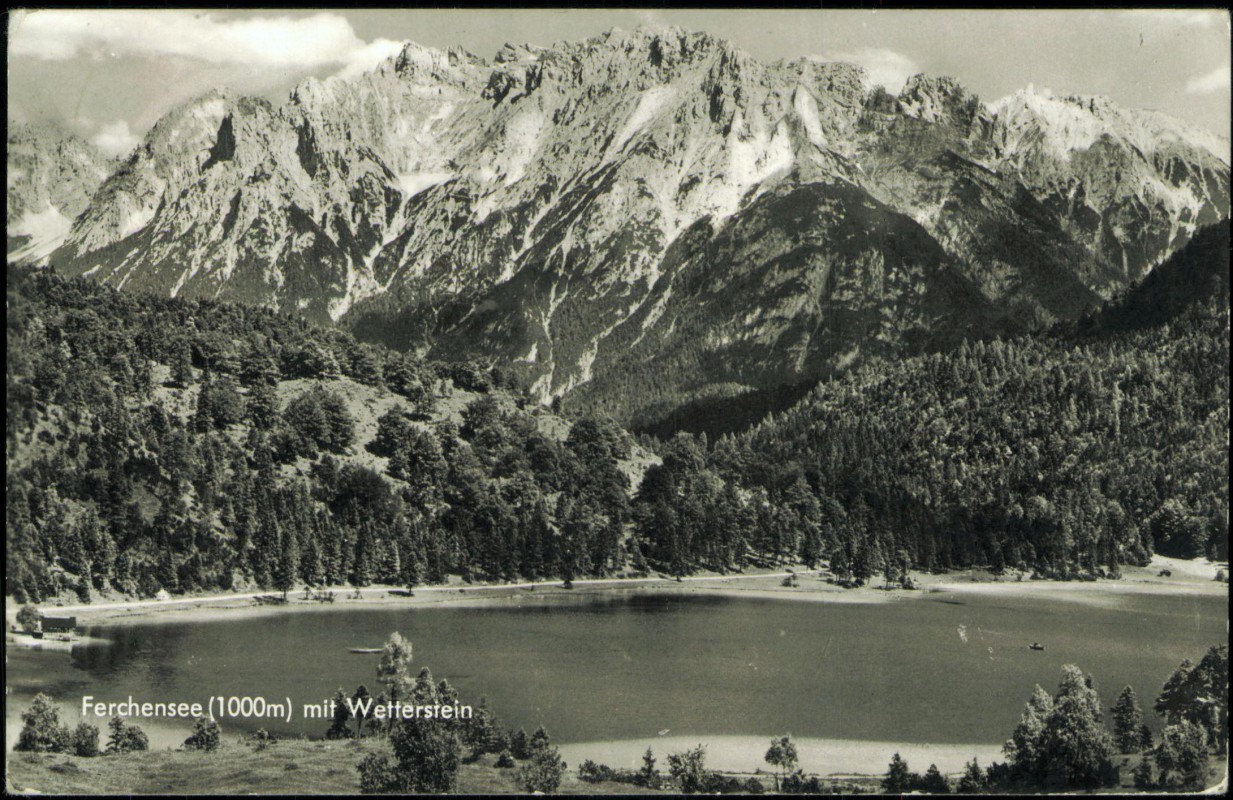 vergrößern: Bildseite historische Ansichtskarte von 1964: Blick auf Ferchensee und Alpen:: Mittenwald
