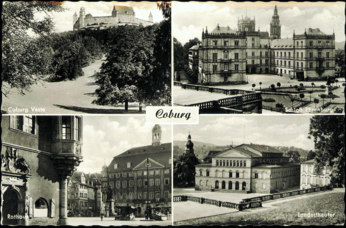 vergrößern: Bildseite historische Ansichtskarte von 1962: 4 Bild Theater Rathaus Veste:: Coburg