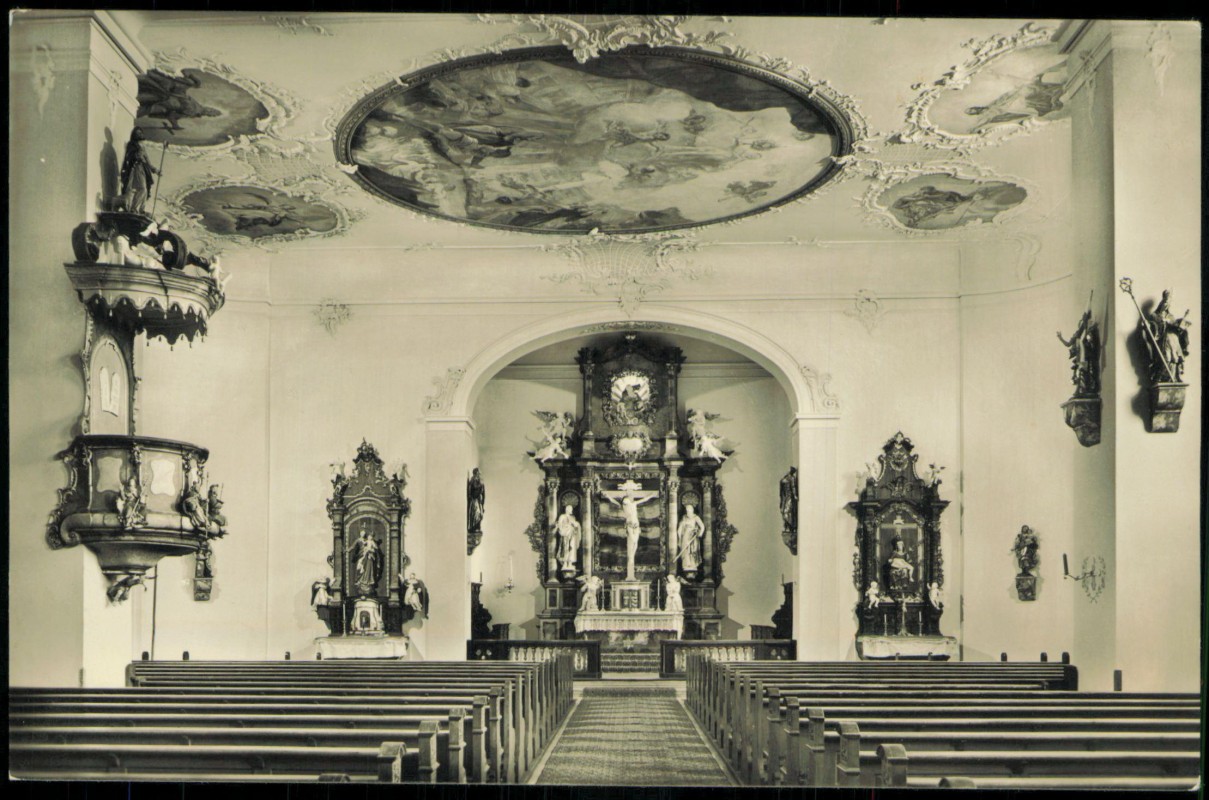vergrößern: Bildseite historische Ansichtskarte von 1940: Kath. Pfarrkirche - Altar Kanzel:: Obernheim