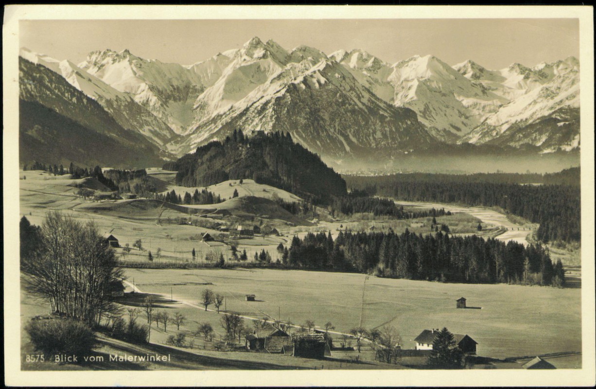 vergrößern: Bildseite historische Ansichtskarte von 1955: Blick vom Malerwinkel Alpen:: Sonthofen