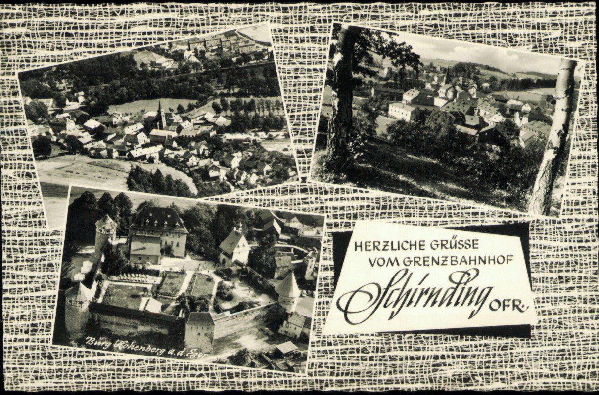 vergrößern: Bildseite historische Ansichtskarte von 1965: 3 Bild Luftbild Stadt:: Schirnding