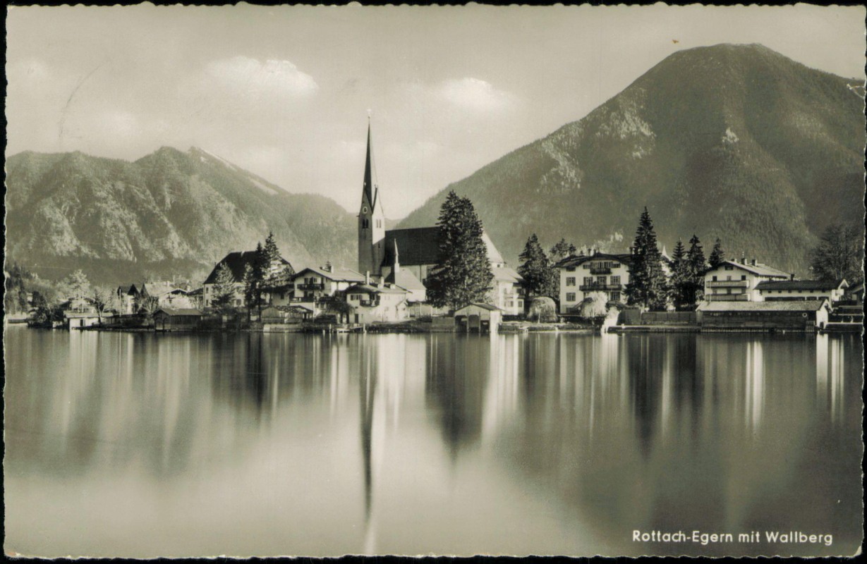 vergrößern: Bildseite historische Ansichtskarte von 1960: Stadt mit Seespiegellung Fotokunst:: Egern-Rottach-Egern