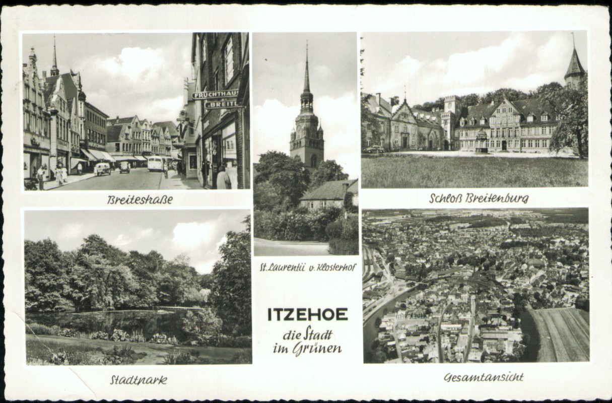 vergrößern: Bildseite historische Ansichtskarte von 1957: MB: Kirche Breitestraße, Luftbild:: Itzehoe