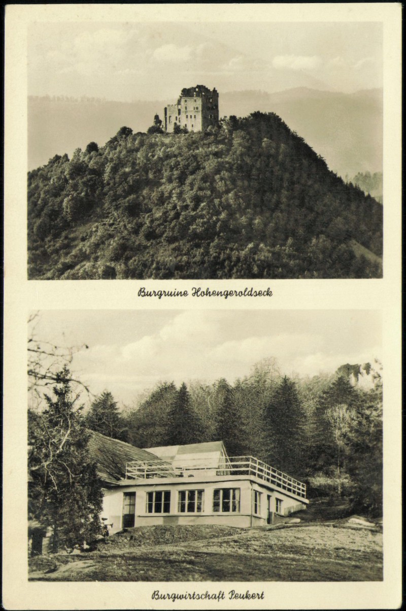 vergrößern: Bildseite historische Ansichtskarte von 1954: Burg Hohengeroldseck 2 Bild Burgwirtschaft:: Lahr (Schwarzwald)