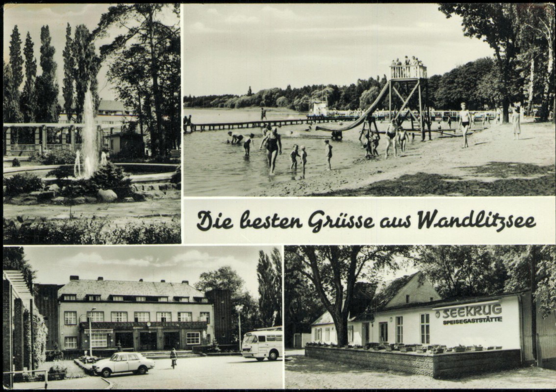 vergrößern: Bildseite historische Ansichtskarte von 1975: Wandlitzsee Mehrbild Rutsche Gaststätte Seekrug:: Wandlitzsee-Wandlitz
