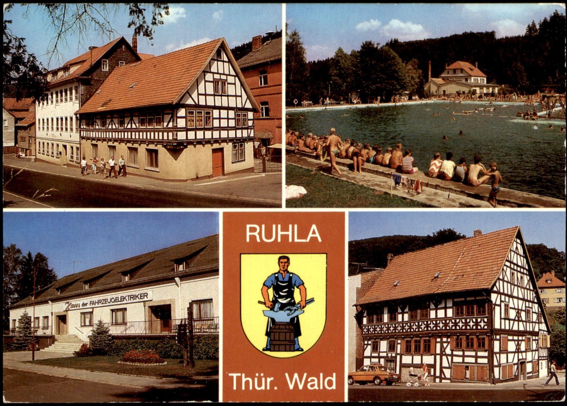 vergrößern: Bildseite historische Ansichtskarte von 1985: 4 Bild Schwimmbad Haus der Fahrzeugelektriker:: Ruhla