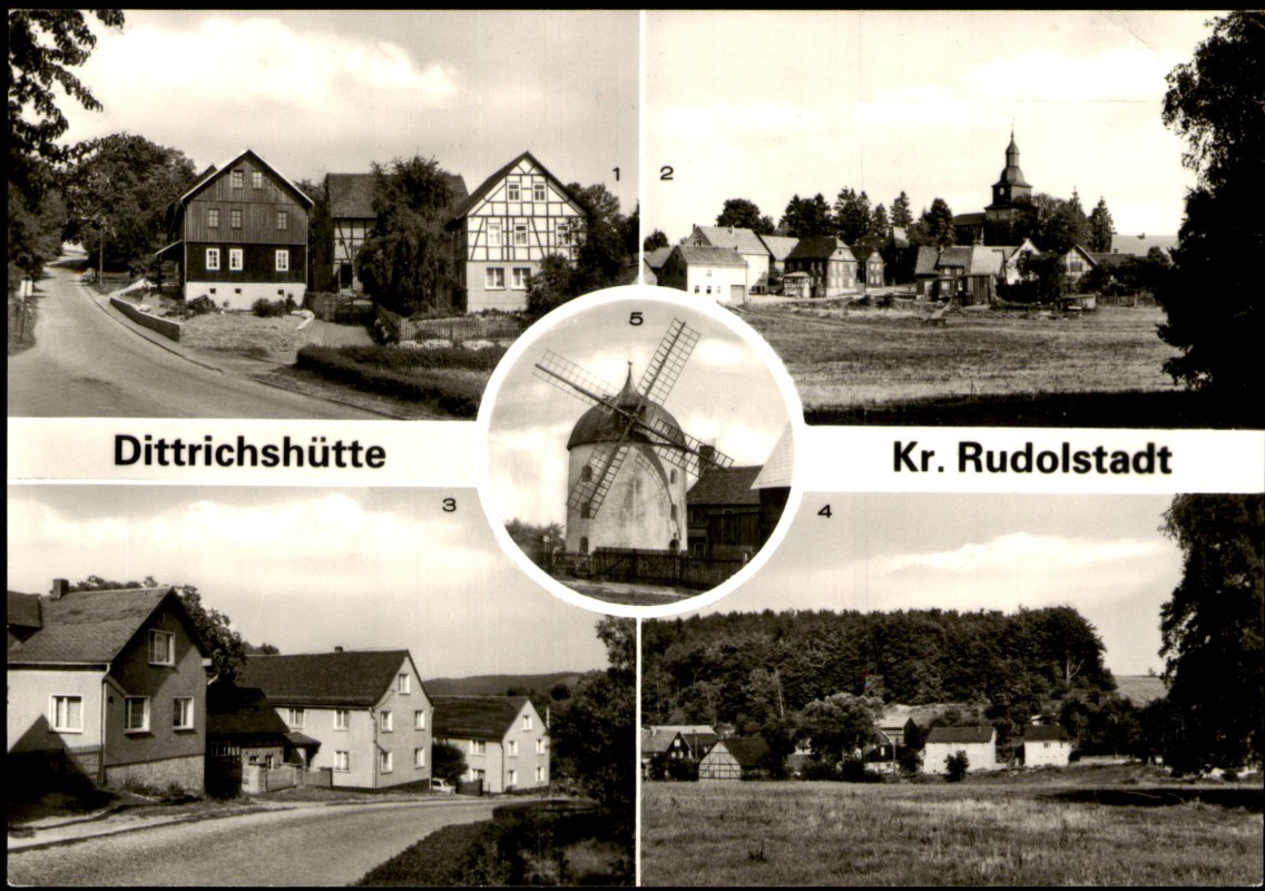 vergrößern: Bildseite historische Ansichtskarte von 1985: 5 Bild Stadtansichten Windmühle:: Dittrichshütte-Saalfelder Höhe