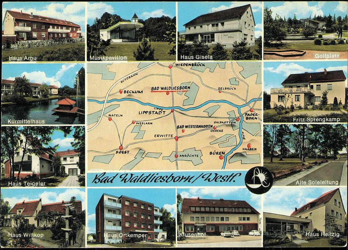 vergrößern: Bildseite historische Ansichtskarte von 1970: MB: Haus Arnu Musikpavillon Haus Gisela Minigolf:: Bad Waldliesborn