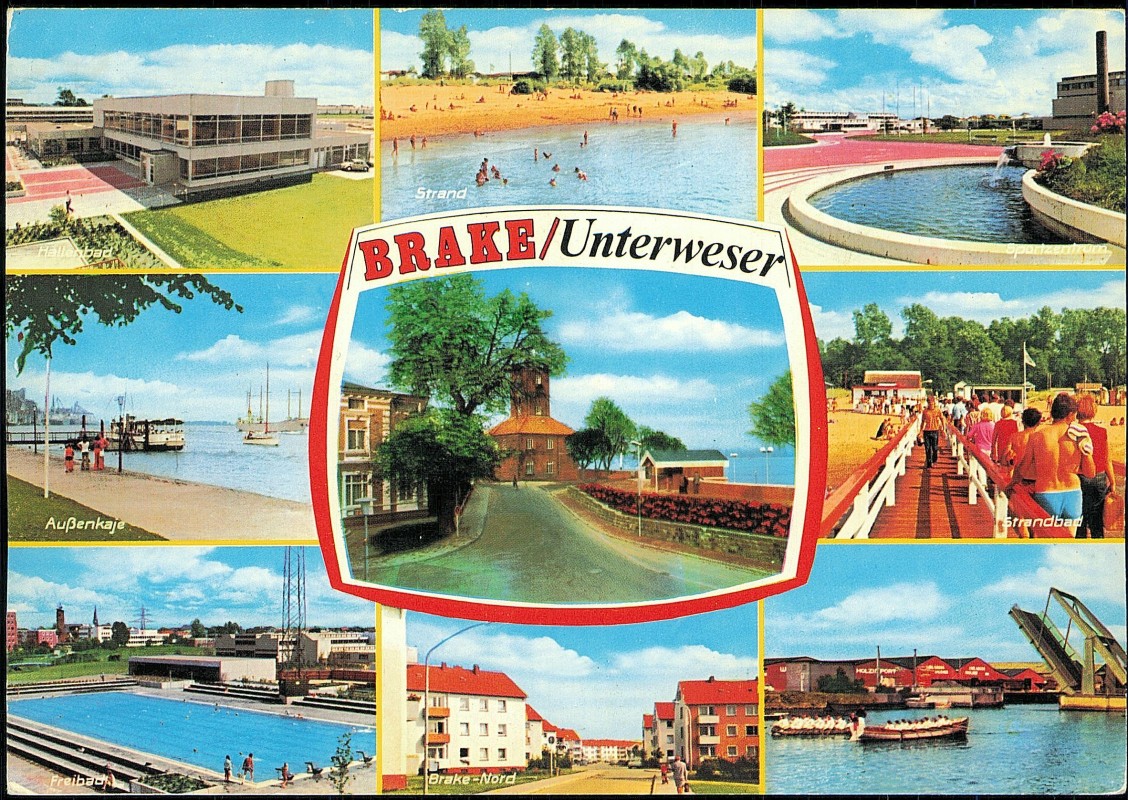 vergrößern: Bildseite historische Ansichtskarte von 1976: Außenkaje Strand Strandbad OT Nord:: Brake (Unterweser)