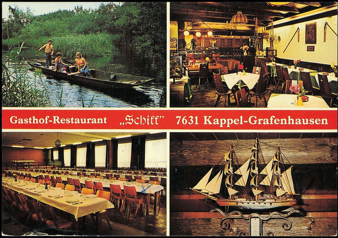 vergrößern: Bildseite historische Ansichtskarte von 1982: 4 Bild Gasthof Restaurant Schiff:: Kappel-Grafenhausen