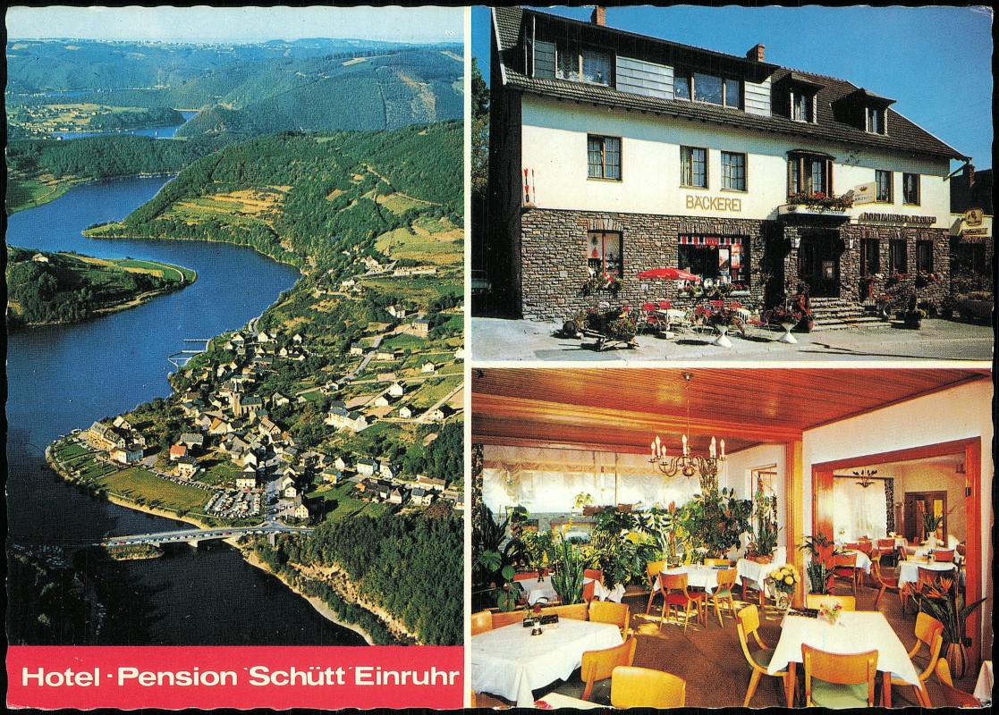 vergrößern: Bildseite historische Ansichtskarte von 1980: Mehrbild-AK mit Hotel-Pension SCHUTT Eifel:: Einruhr-Simmerath