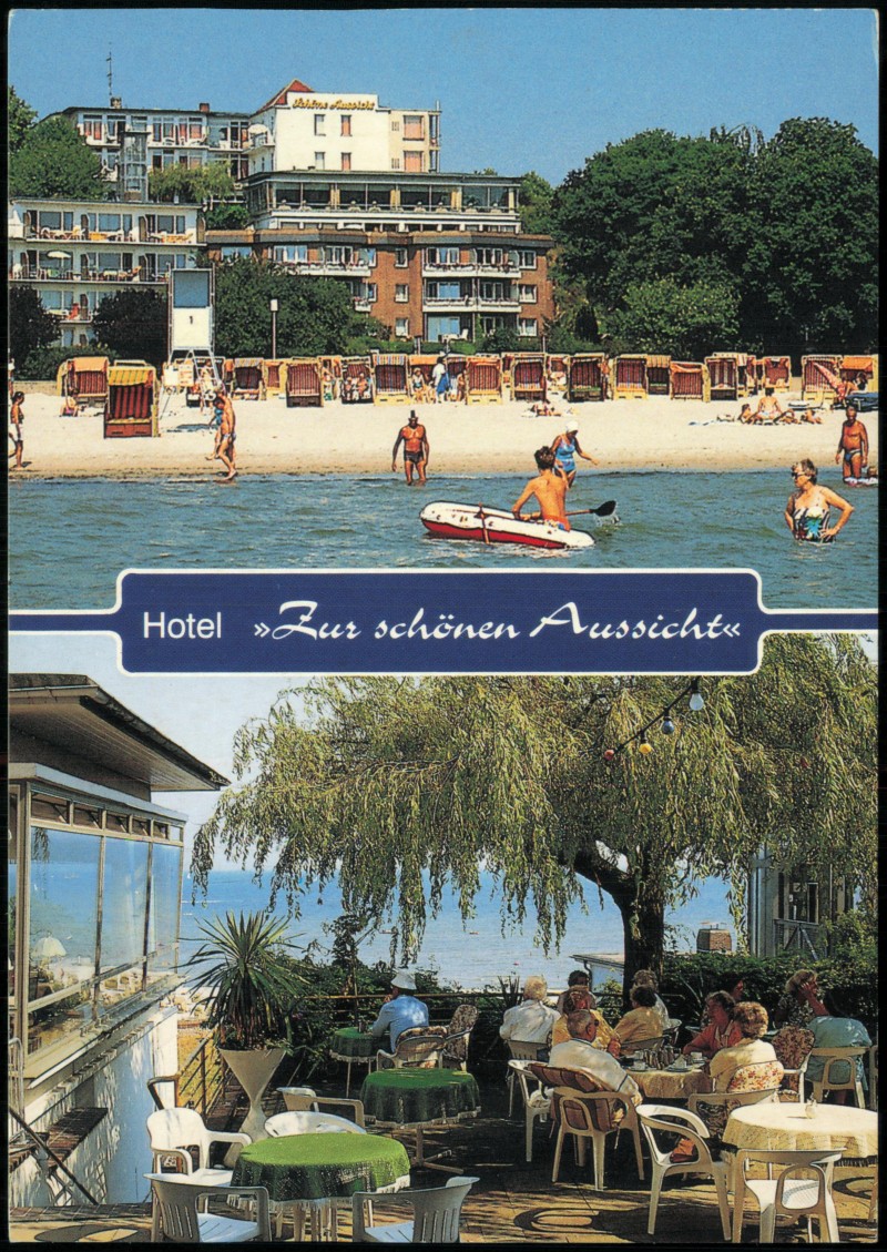 vergrößern: Bildseite historische Ansichtskarte von 1980: 2-Bild-Karte mit Hotel »Zur schönen Aussicht«:: Grömitz (Holstein)