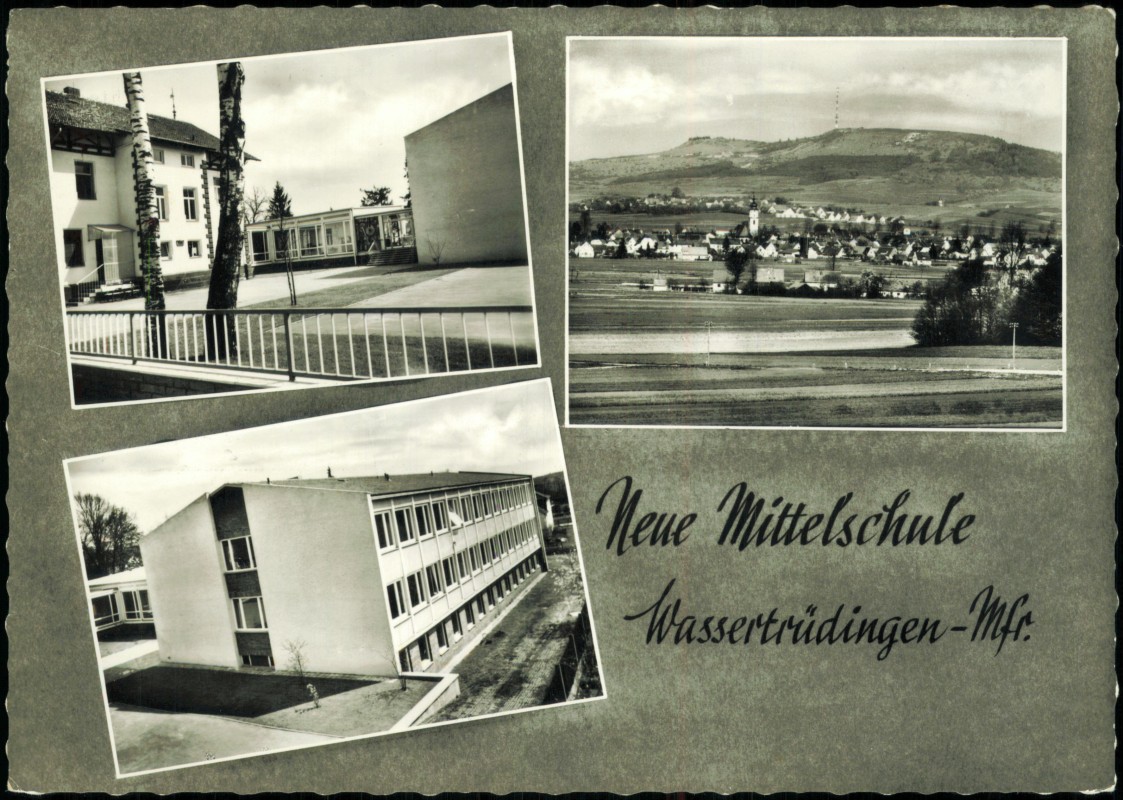 vergrößern: Bildseite historische Ansichtskarte von 1977: Mehrbildkarte mit Ortsansichten, Gebäude, Schule:: Wassertrüdingen