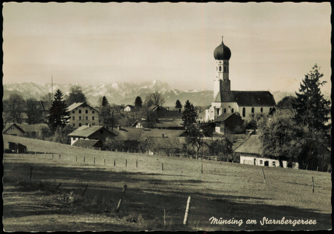 vergrößern: Bildseite historische Ansichtskarte von 1960: Münsing am Starnbergersee Blick zur Zugspitze:: .Bayern