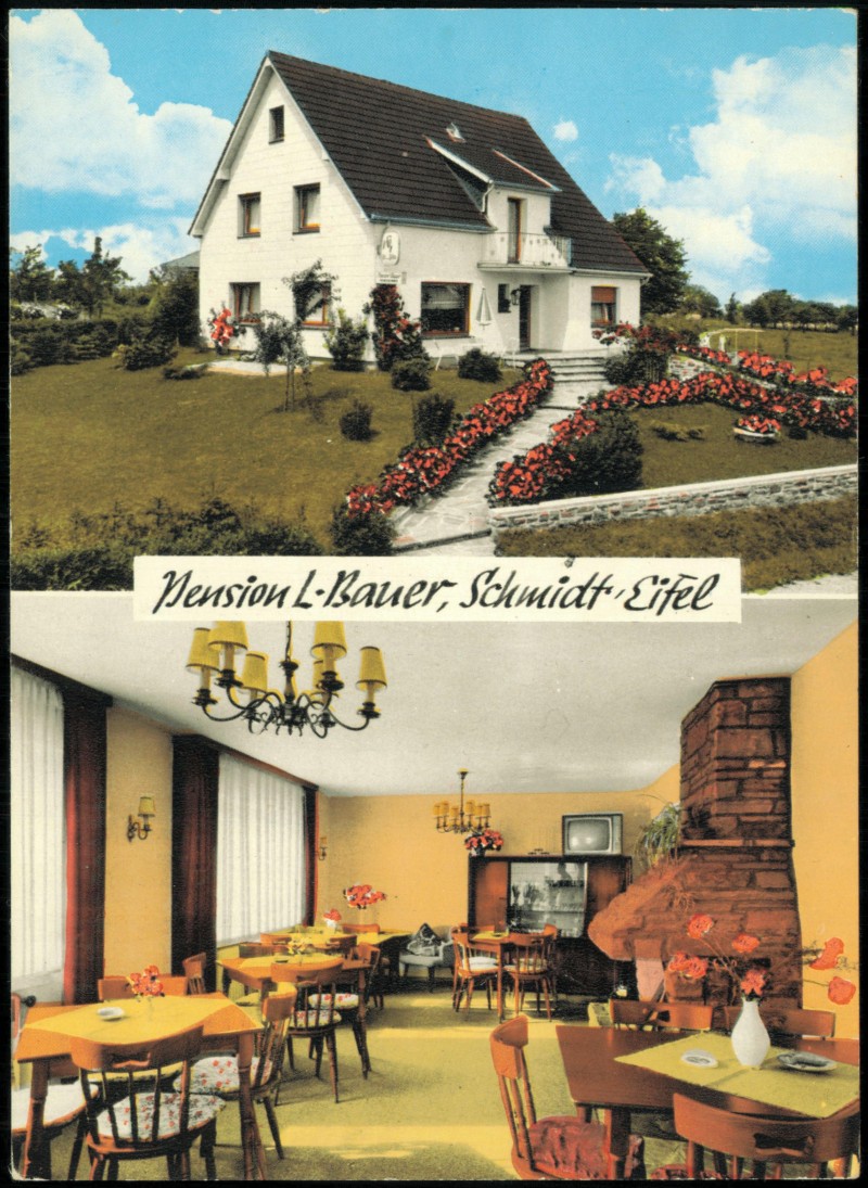 vergrößern: Bildseite historische Ansichtskarte von 1971: Gaststätte und Fremdenpension Liesel:: Schmidt Eifel-Nideggen (Eifel)