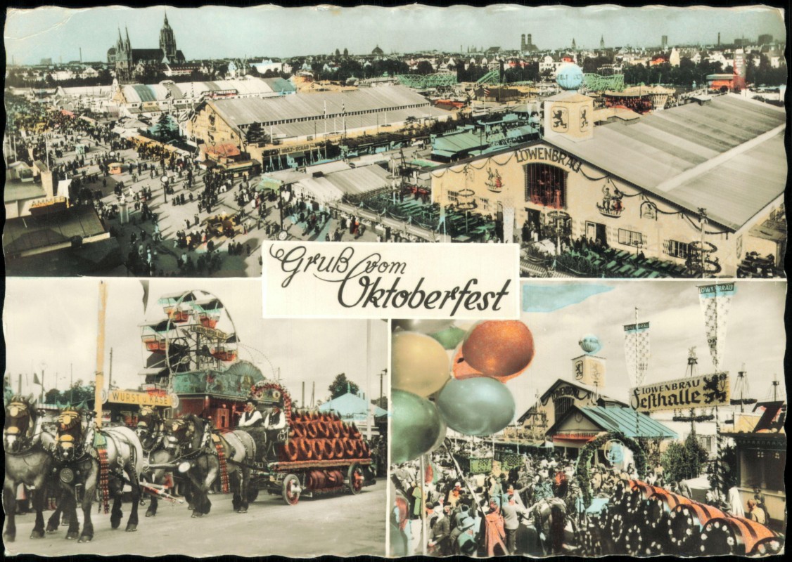 vergrößern: Bildseite historische Ansichtskarte von 1958: Oktoberfest Festhalle Festwagen 3 Bild Colorfotokarte:: München