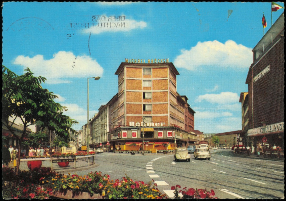 vergrößern: Bildseite historische Ansichtskarte von 1968: Straße City VW Käfer, Haus Westfalenpost:: Hagen (Westfalen)