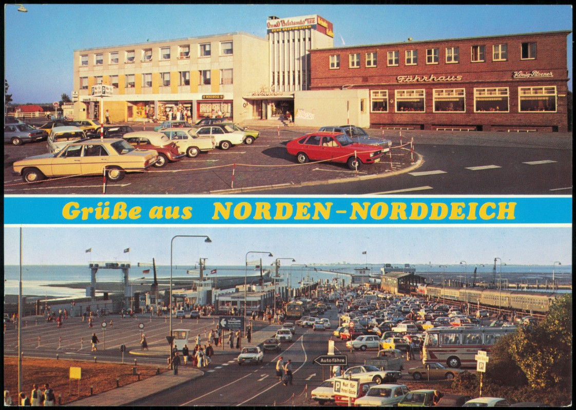 vergrößern: Bildseite historische Ansichtskarte von 1978: 2 Bild Hotel Fährhaus, Hafen:: Norddeich-Norden