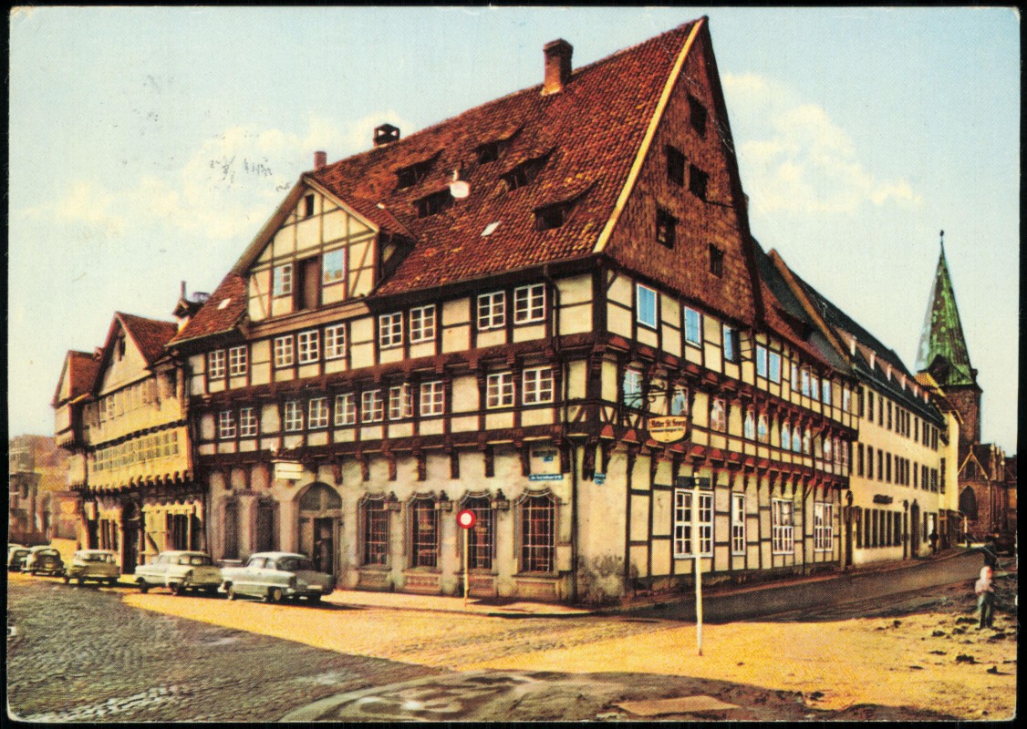 vergrößern: Bildseite historische Ansichtskarte von 1963: Gasthaus Ritter St. Georg - Kreuzung:: Braunschweig