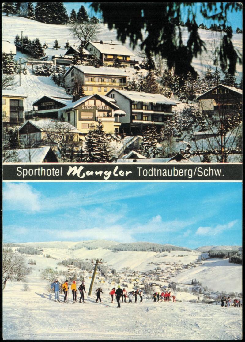 vergrößern: Bildseite historische Ansichtskarte von 1986: Sporthotel Mangler im Winter:: Todtnauberg