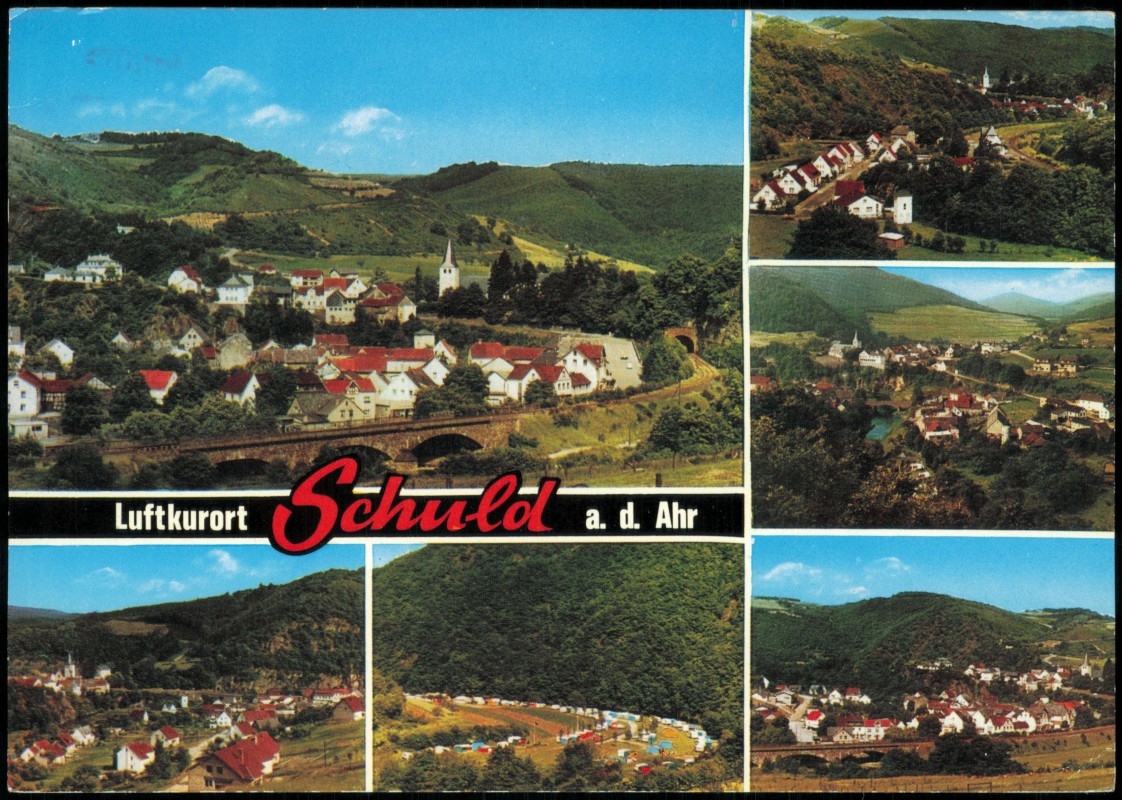 vergrößern: Bildseite historische Ansichtskarte von 1975: Stadtteilansichten 6 Bildkarte:: Schuld (Ahr)-Adenau