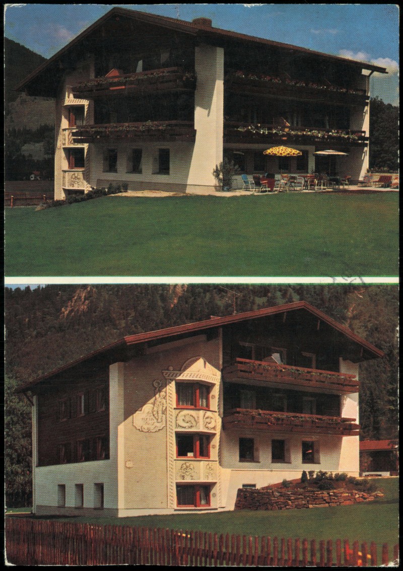 vergrößern: Bildseite historische Ansichtskarte von 1977: 2 Bild Gästehaus Zur Fuchs Liesl:: Neuhaus-Schliersee