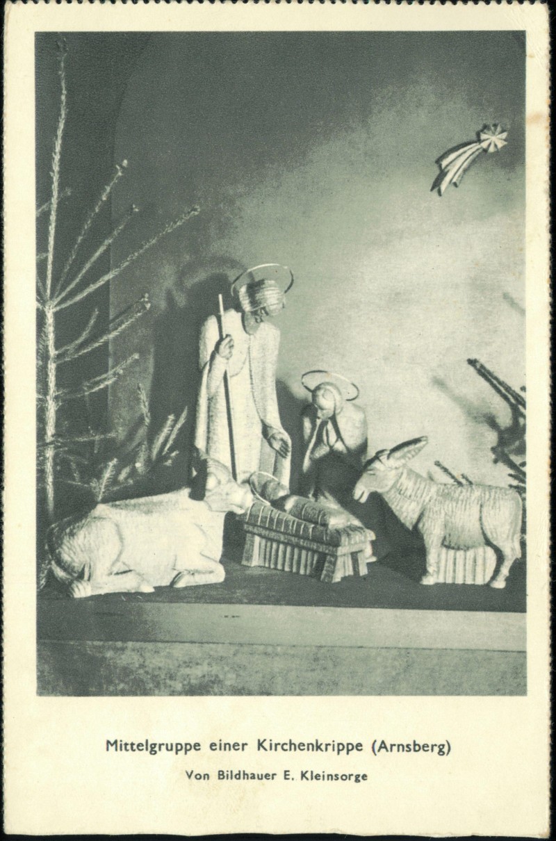 vergrößern: Bildseite historische Ansichtskarte von 1952: Mittelgruppe Kirchenkrippe (Arnsberg) Bildhauer E. Kleinsorge:: Arnsberg