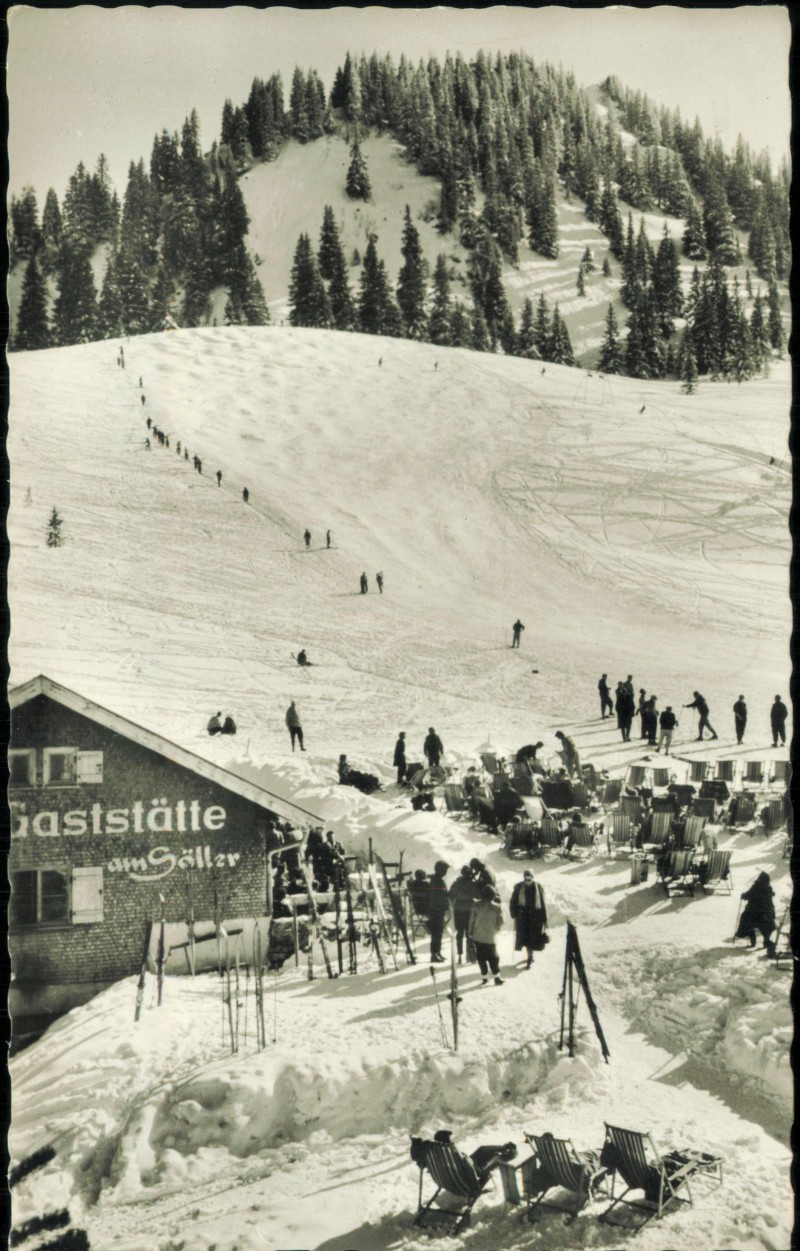 vergrößern: Bildseite historische Ansichtskarte von 1961: Gaststätte am Gaststätte Skifahrer Söller:: Oberstdorf (Allgäu)