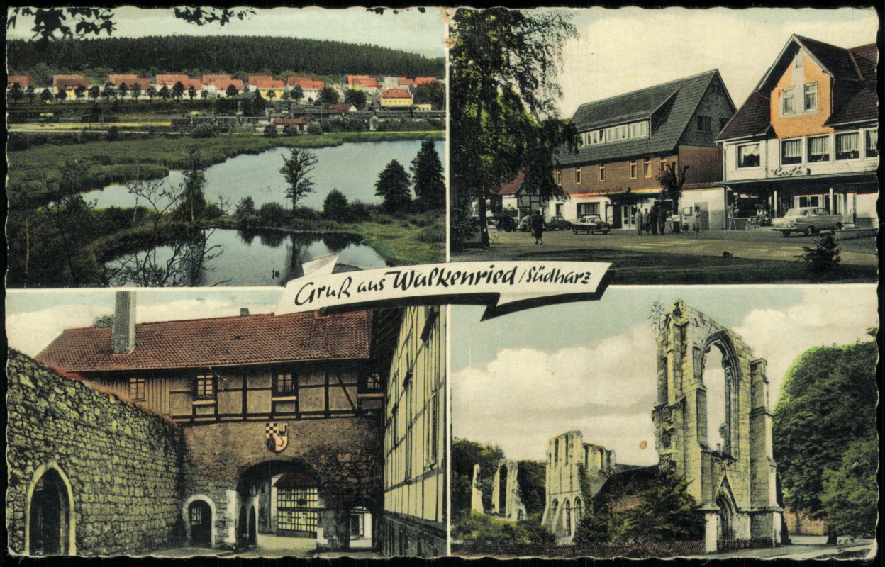 vergrößern: Bildseite historische Ansichtskarte von 1960: Mehrbildkarte mit 4 alten Ortsansichten:: Walkenried (Harz)