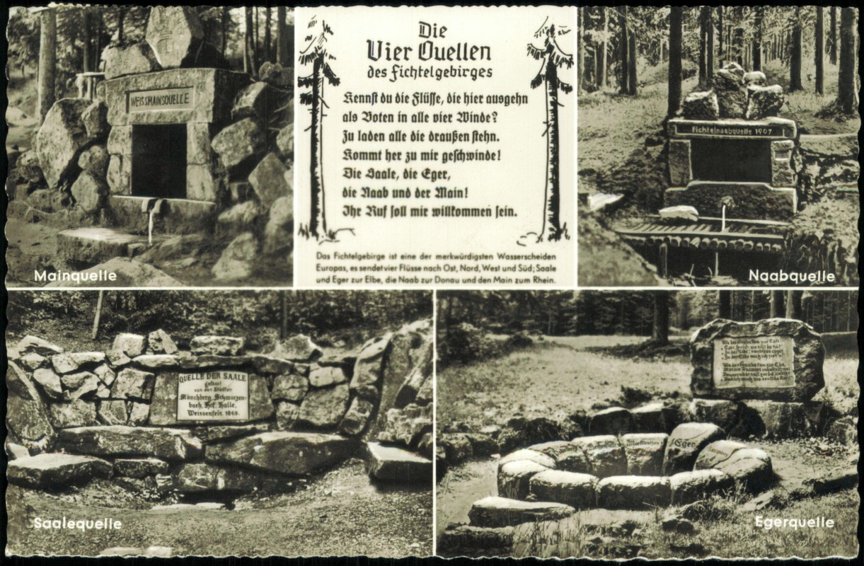 vergrößern: Bildseite historische Ansichtskarte von 1963: 4 Bild Quellen des Fichtelgebirges:: Bayreuth